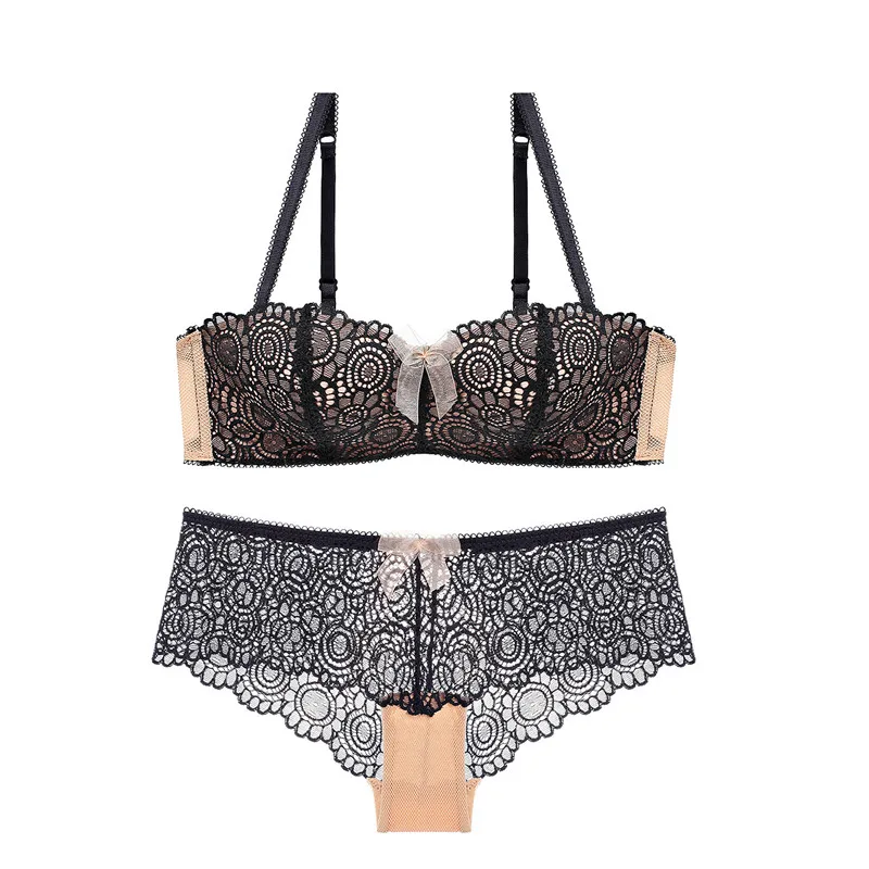 Cywer Лидер продаж роскошные 1/2 стакана брендовые пикантные Intimates Бюстгальтер Push Up Нижнее белье цветочной вышивкой женские кружевные бюстгальтер, трусики - Цвет: Черный