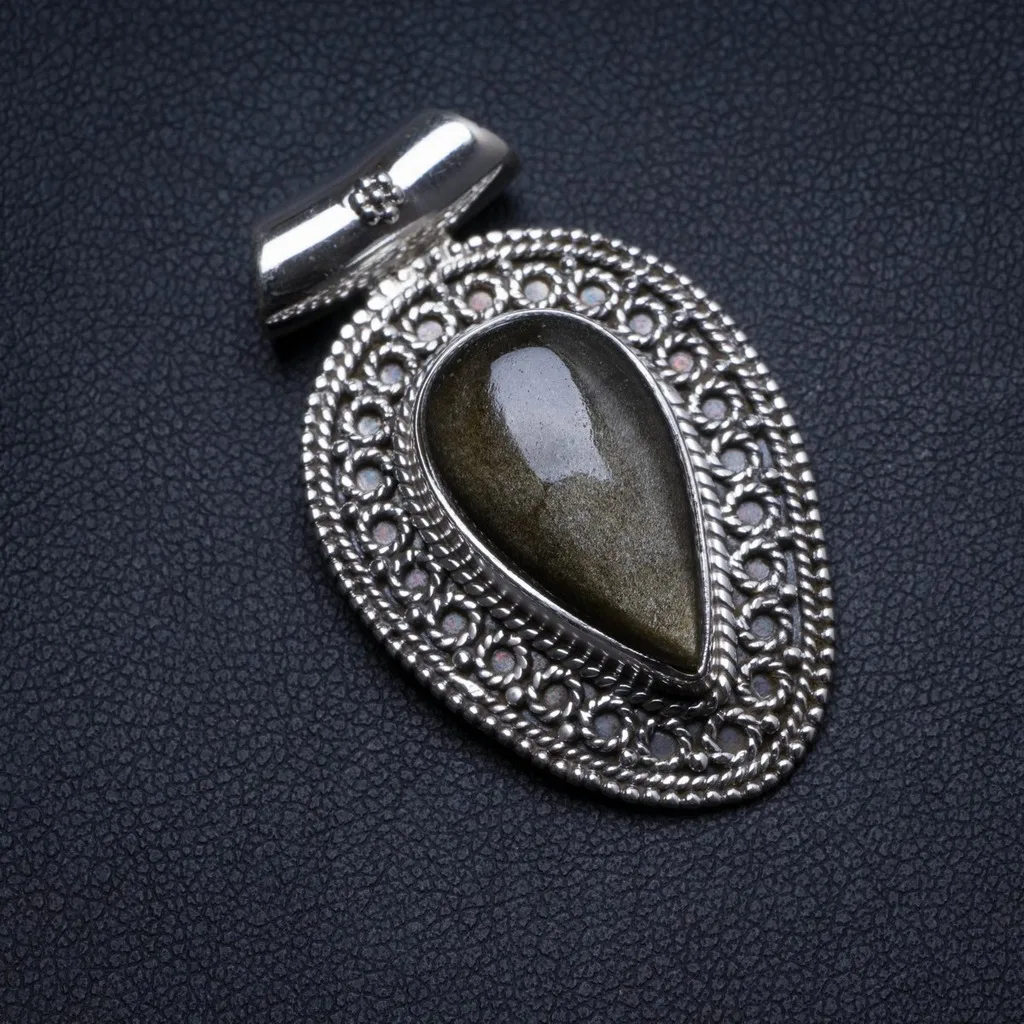 

Натуральная черная подвеска в виде кошачьего глаза ручной работы, уникальная искусственная серебряная подвеска 1,5 дюйма X0316