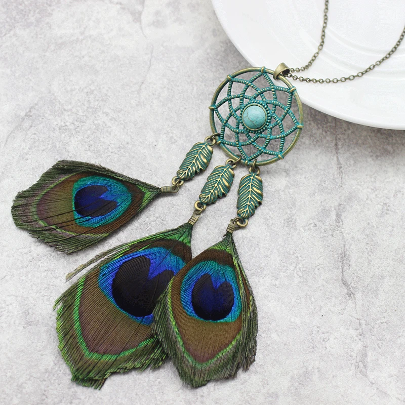 Длинная цепочка для свитера Ловец снов полые павлиньи перья креативное ожерелье