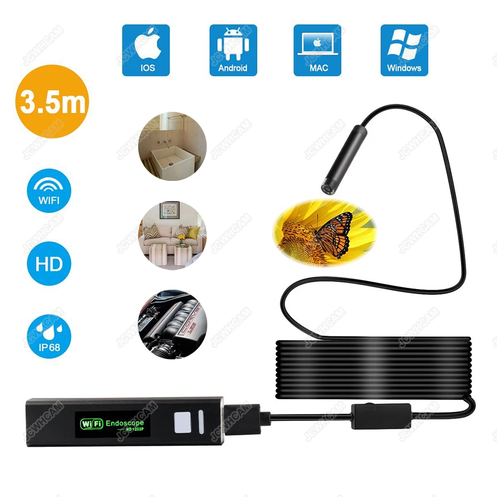 

Wireless Endoscope 3.5M HD WiFi Borescope Mini Inspection Camera 2.0 Megapixels IP68 Waterproof Semi-rigid Detector with 8 LED