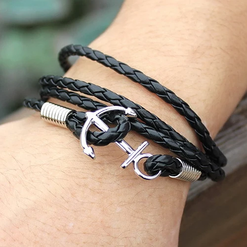 Hot Men's Anchor Faux Leather Multilayer Braided Bangle Charm Infinity Bracelet 6Y3U 7EPU BDZR | Украшения и аксессуары