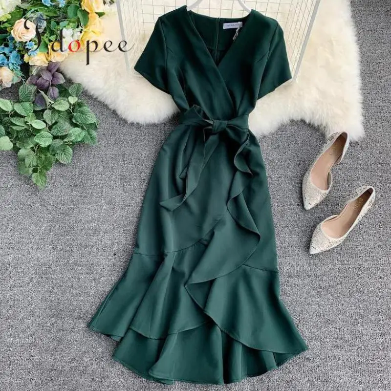 Женское летнее платье с коротким рукавом однотонное асимметричное высокой