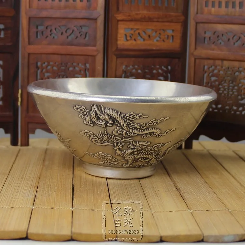 

Antique bronze crafts exquisite exquisite blessing in front of the six dragons copper silver bowl