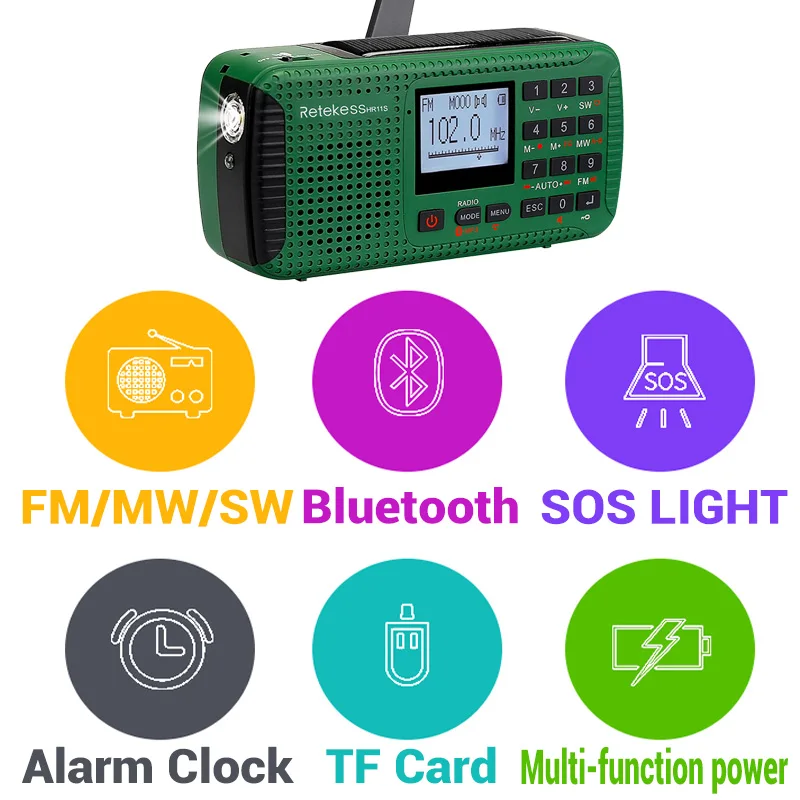 Retekess HR11S аварийное радио Рукоятка радио на солнечных батарейках FM/MW/SW Bluetooth MP3 цифровой плеер Регистраторы Портативный
