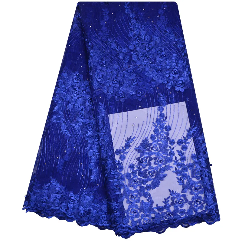 Королевский синий бисером африканская кружевная ткань для свадебного платья