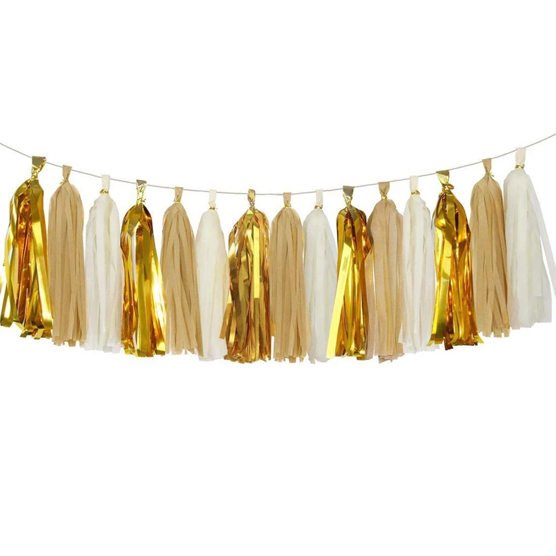 

Freeship30 poms 14 "GOLD TAN WHITE Tissue Paper Tassel Garland Tinsel Balloon Wedding Party Decoration Banner Baby Gender reveal
