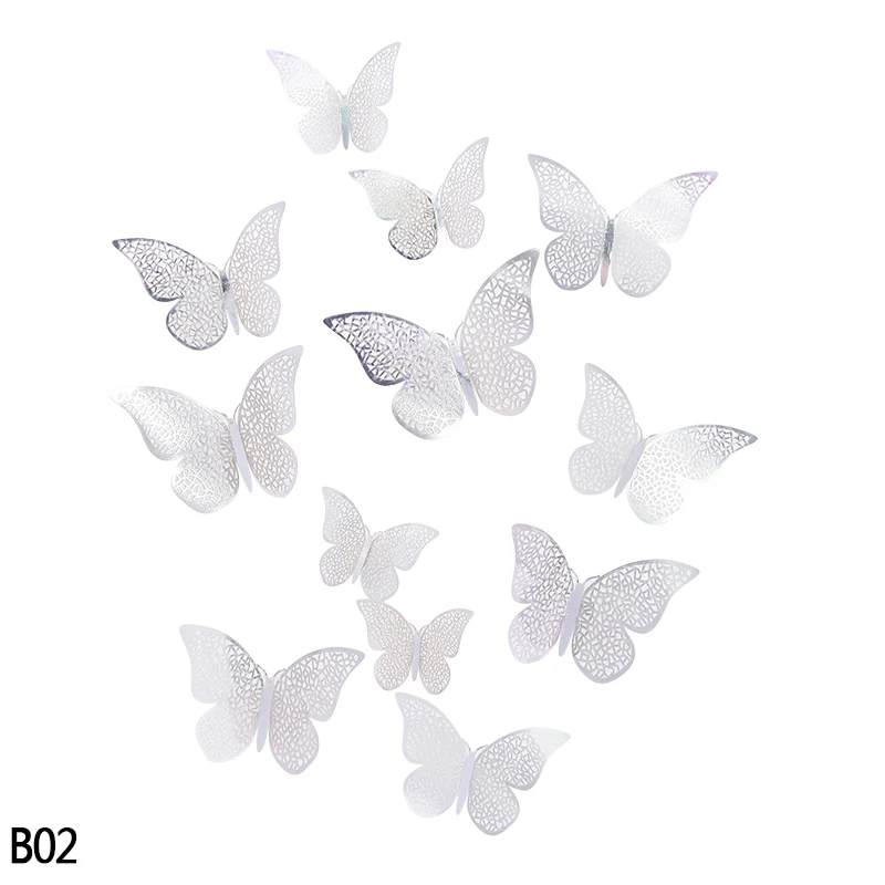 B02-12Pcs 12 шт. красивые розовые золотые серебряные 3D полые бабочки настенные Стикеры для свадьбы, дня рождения, вечеринки, дома, детской комнаты, декоративные настенные наклейки - Цвет: B02-12Pcs