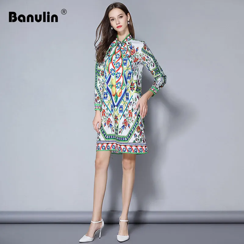 Banulin, высокое качество, женское подиумное платье, винтажное, с длинным рукавом, цветное, с цветочным принтом, с бантом, прямые платья, vestidos mujer