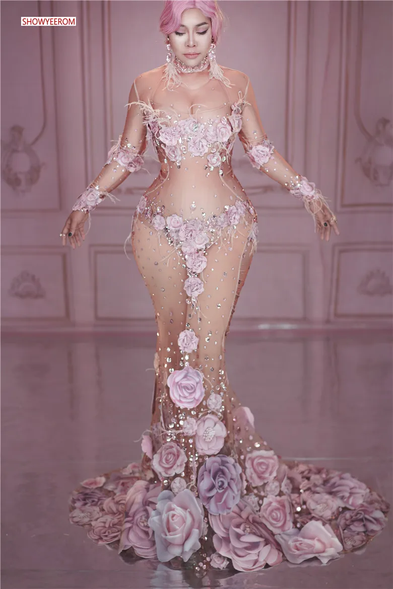 Модный дизайн, розовые цветы, прозрачное длинное платье, 3D Рисунок, сетка, растягивающееся, для дня рождения, платье для женщин, костюм для выступлений певицы