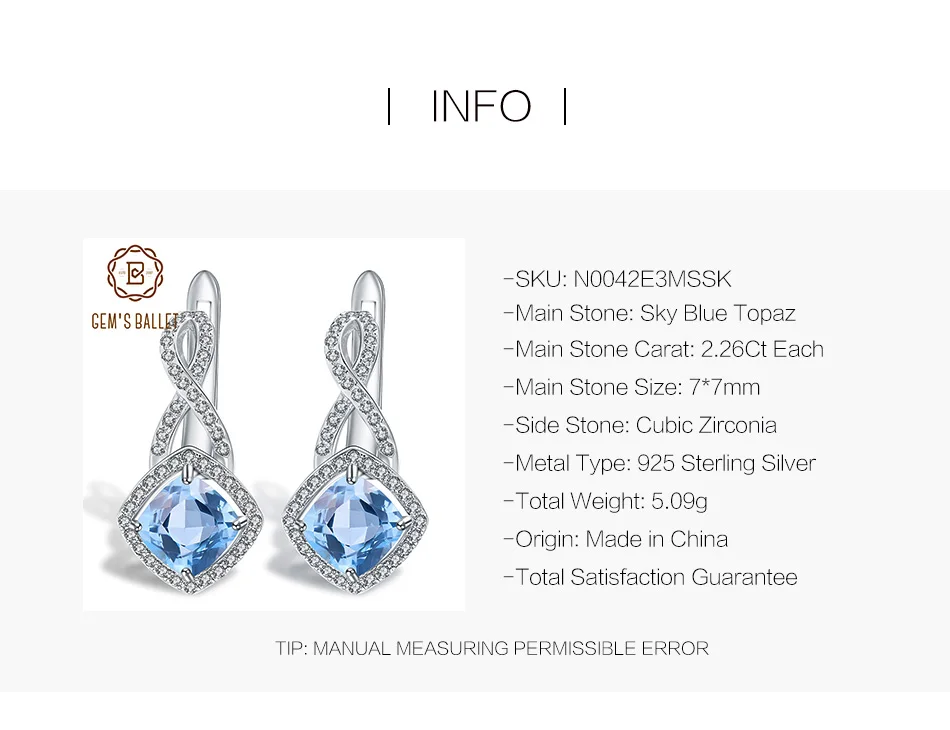 GEM'S BALLET 4.52Ct, классические серьги с натуральным небесно-голубым топазом, 925 пробы, серебряные квадратные серьги-гвоздики для женщин, хорошее ювелирное изделие