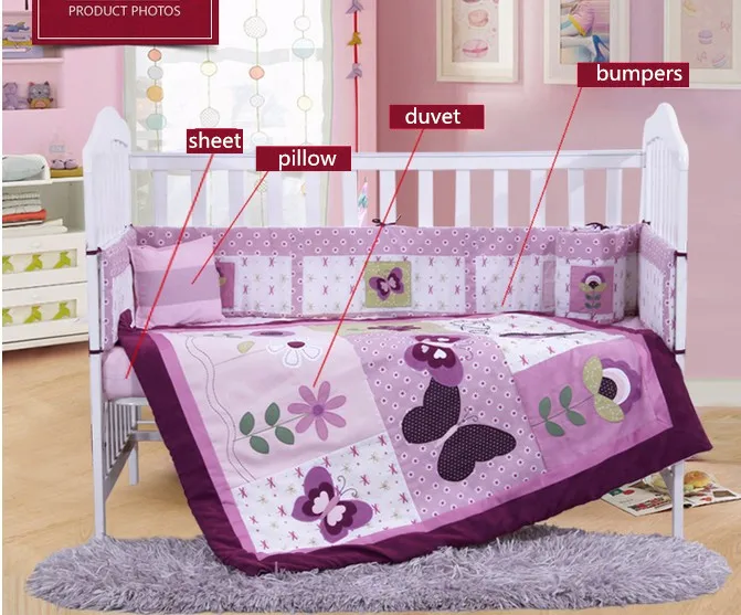 4PCS embroidery purple Cot Bedding Set Baby, Baby Crib Bedding Set for Girls, roupa de cama, include(bumper+duvet+sheet+pillow)