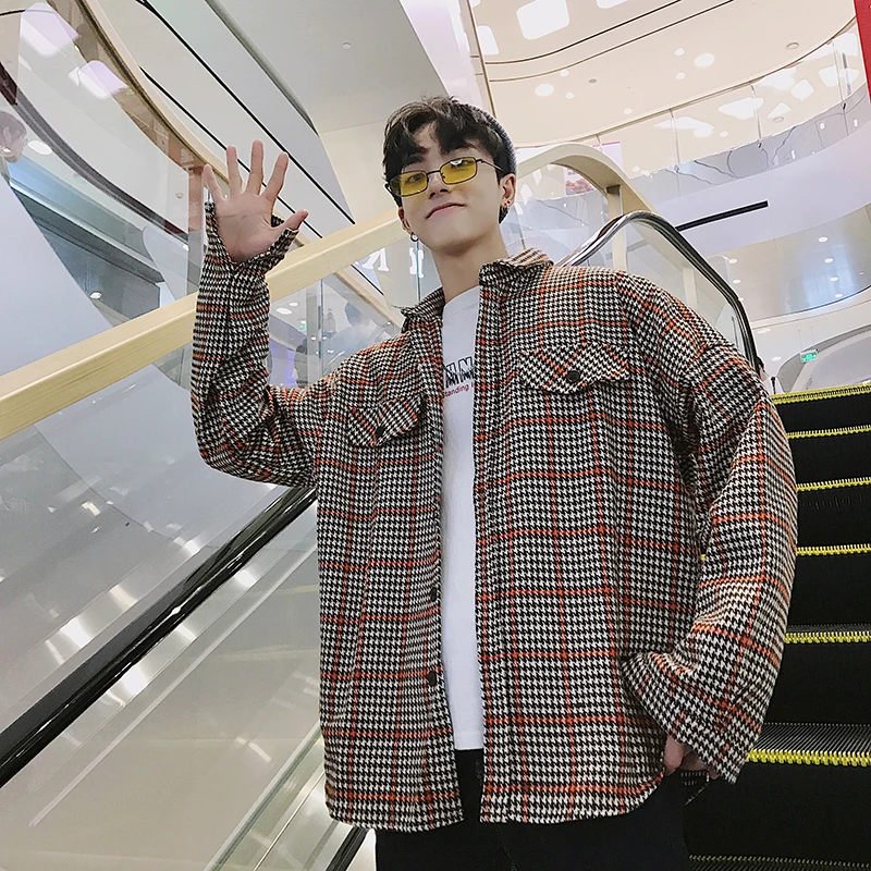 2018 Autumn Men's Lattice Printing Worsted Fabric Shirt Loose Coat Youth Brand Fashion French Cuff Red/yellow/green Shirts M-XL | Мужская