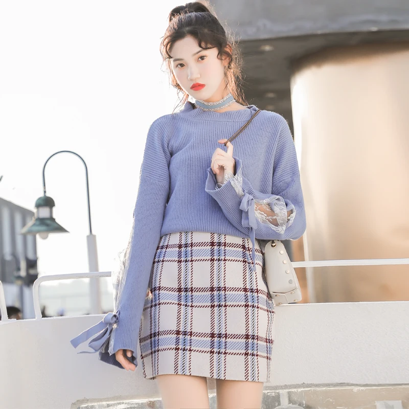 

Retro High Waist Skirt Autumn Winter Skirts Woollen Harajuku A-Line Mini Skirt Slim Plaid Bag Hip Skirts