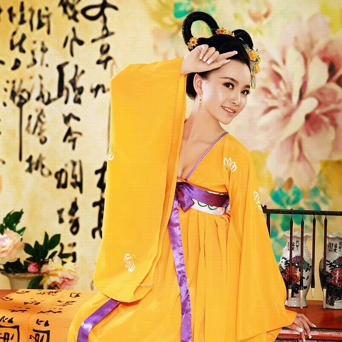 

Wu MeiNiang Yellow Embrodiery Women's Costume Tang Dynasty Palace Maid Costume Hanfu High Waist Ruqun Classical Dance Costume