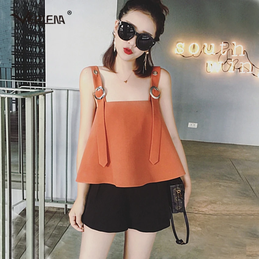 Verlena 2018 Loose Solid Black White Crop Top Women Wide Strap Tees Summer Square Collar Cool Tank Tops + Free Leg Shorts | Женская