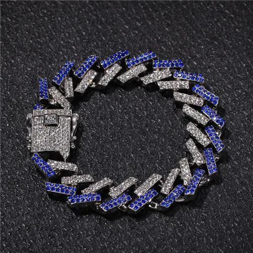 Silver Blue Bracelet В стиле «хип-хоп» 15 мм Bling льдом с украшением в виде кристаллов в Кубинском стиле ограненные Стразы Майами Циркон Для мужчин с кулонами браслет для Для мужчин ювелирные изделия 8/16/18/20/24in - Окраска металла: Silver Blue Bracelet