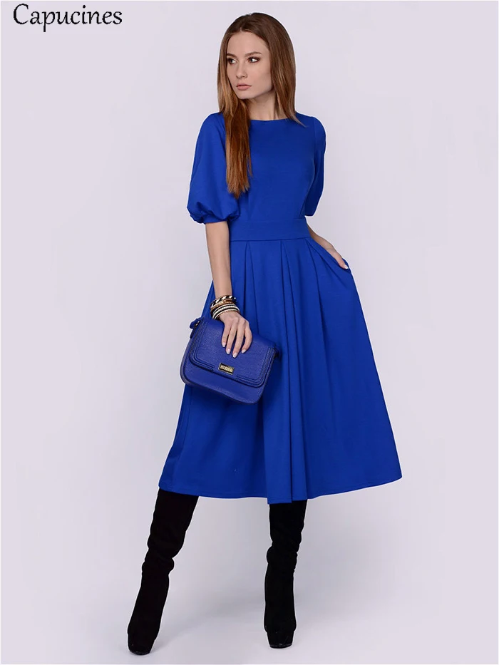 Summer Women Pockets Lantern Sleeve Casual Dress Solid Short Sleeves O-Neck A-Line Female Elegant Vintage Party Dresses