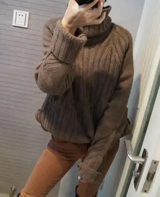 New High Collar Solid Color Cashmere Sweater Female Autumn And Winter Korean Version Of The Thickening Lazy Wind Loose Pullover - Цвет: Brown