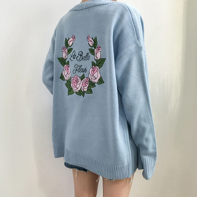 Women'S Back Embroidered Flower Sweater Cardigan Thick Knitting Sweaters Lady Female Korean Punk Harajuku Clothing For Women |