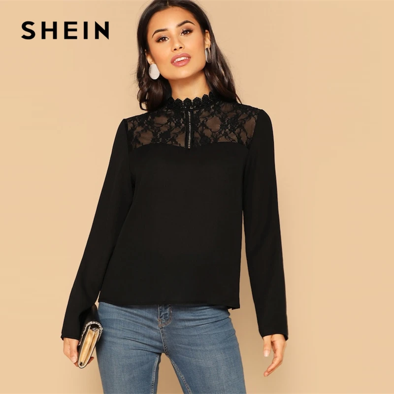 SHEIN Элегантная Офисная Блузка С Кружевной Вставкой Женские Осенние Кружевные Блузки С Длинным Рукавом
