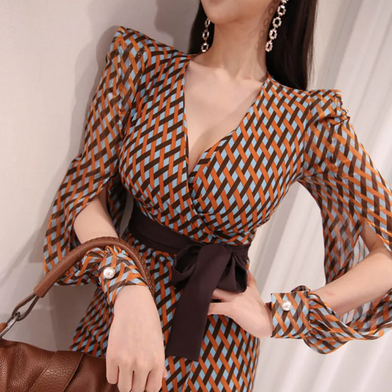2019 New Summer Women Long dresslt Full Sleeve V-Neck Prevent Bask In Waist Split Dresses Cafe Orange 1905 | Женская одежда