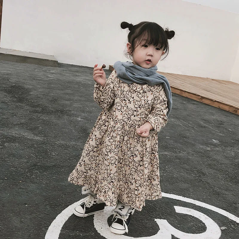 Зимняя одежда для маленьких девочек 2, 3, 4, 5, 6 лет, вельветовое модное платье с длинными рукавами и цветочным принтом теплая одежда для маленьких детей, Новинка