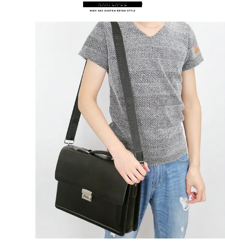 Business Men's Bag Large Capacity Cowhide Leather briefcase Horizon Password Lock Shoulder Messenger Bag