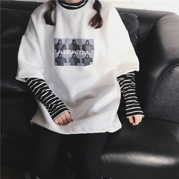 YouGeMan корейский стиль Ulzzang Harajuku полосатый лоскутный Поддельные 2 шт. толстовки для женщин с длинным рукавом Толстовка
