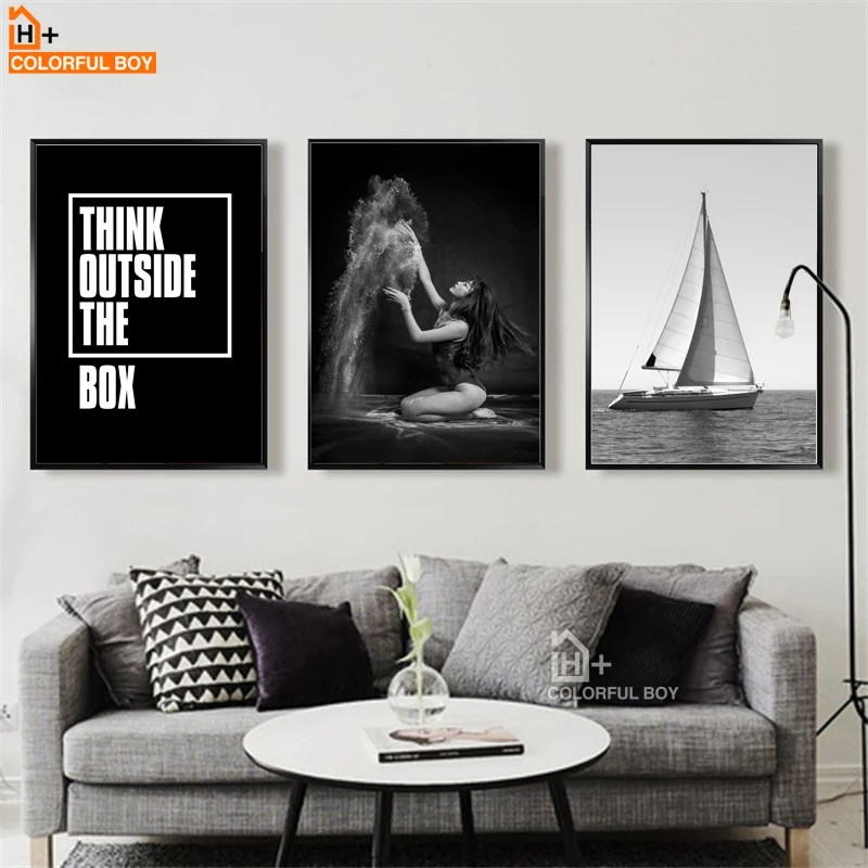 Girl Sea Boat Landscape Quote Wall Art Canvas Painting Nordic Posters And Prints Black White Pictures For Living Room Decor | Дом и сад