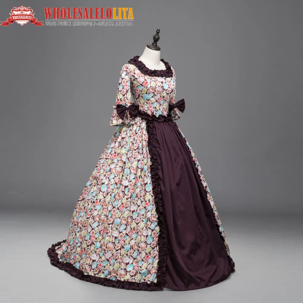 

Renaissance Colonial Priness Dress Floral Ball Gown with Long Train Reenactment Theater Dresses