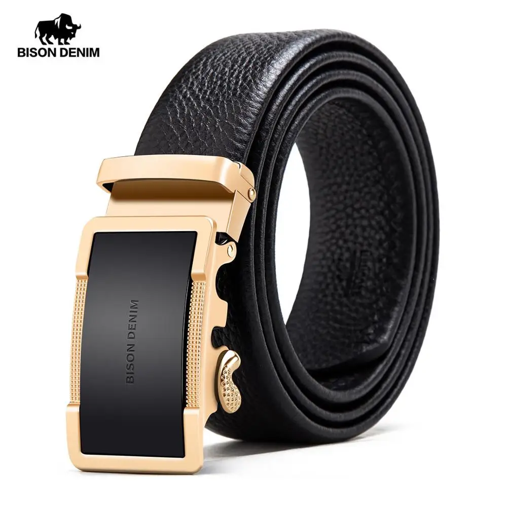 BISON DENIM Men Belt Automatic Buckle Genuine Leather Luxury Strap Men Belts Black Leather Fashion Buckle Belt for Male N71473