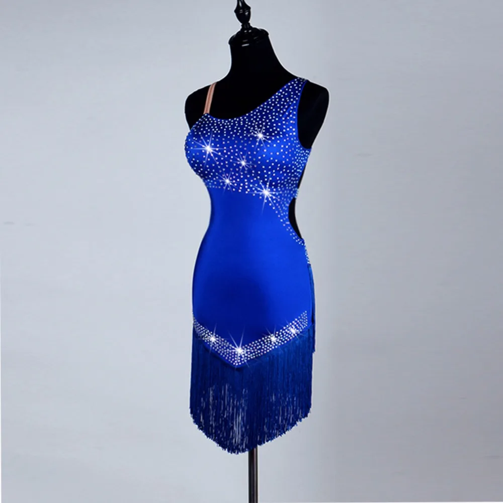 Женские платья для латиноамериканских танцев тканевые голубые юбки со стразами