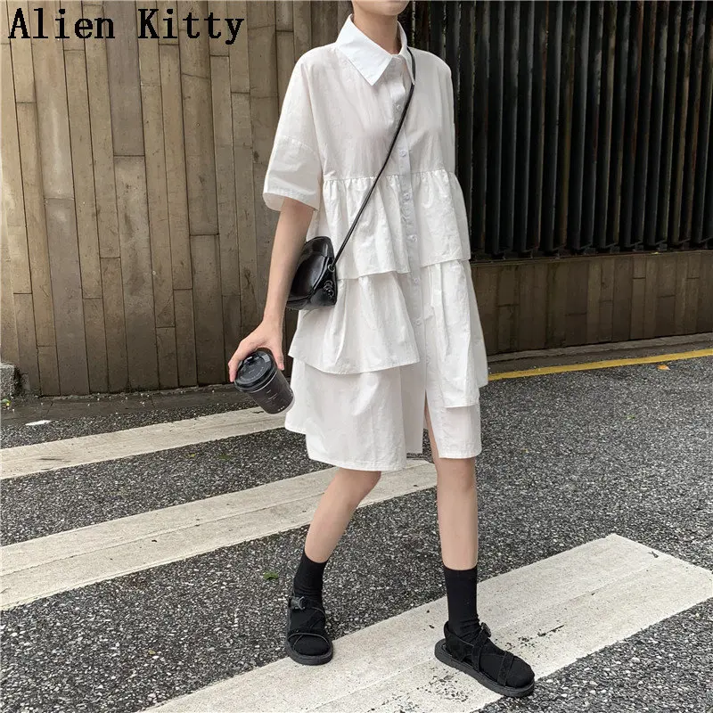 Alien Kitty Sweet Summer Patchwork Brief Short-Sleeved Loose New Design High Waist Fresh Casual All-Match Short Dress 2 Colors | Женская