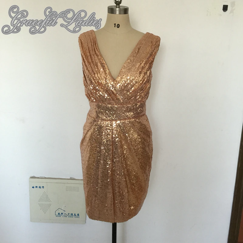 Розовое Золото Блестки Короткие Пром Платья На Заказ V Шеи До Колен Полу