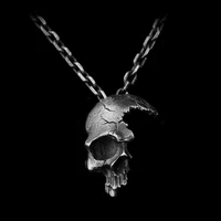 broken damaged half face skull pendant necklace mens fashion biker rock punk jewelry antique silver color chain length 45cm