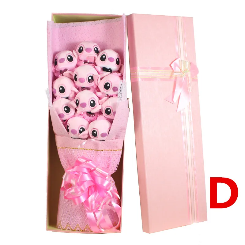 D no box Искусственные цветы для украшения Свадебный букет kawaii Мини плюшевая тематика «Лило и Стич» Игрушки для букетов День Святого Валентина Любовь Роза - Цвет: D no box