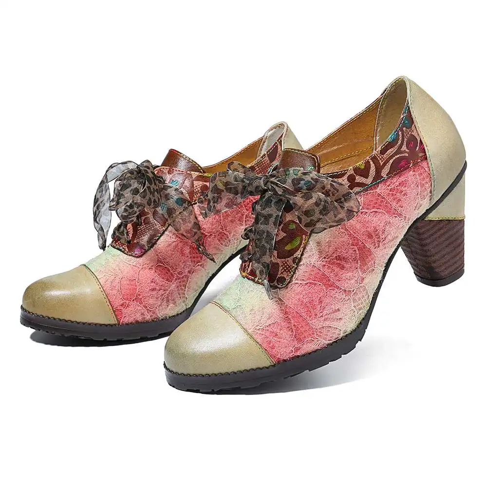 SOCOFY Elegance Genuine Sandals WomenLeather Splicing Lace Retro Pattern Comfortable Lace Up Pumps Elegant Shoes Woman