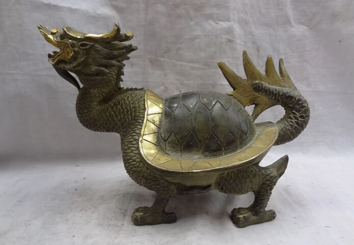 

song voge gem S2568 9" Chinese Bronze Gilt Animals Longevity Dragon Turtle Tortoise Statue Sculpture