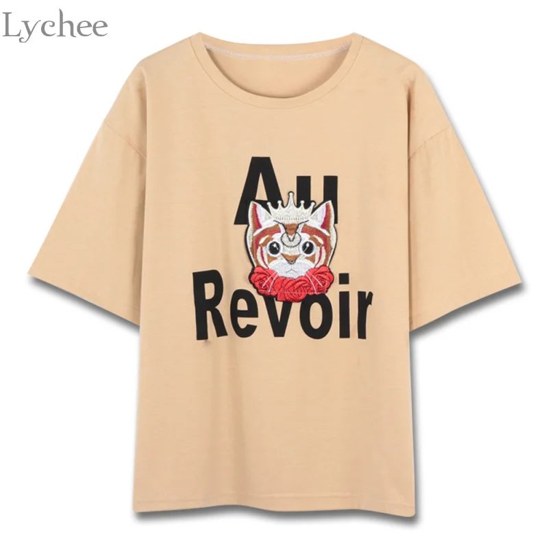 Lychee/симпатичная Женская летняя футболка Корона украшение в виде кота с буквенным