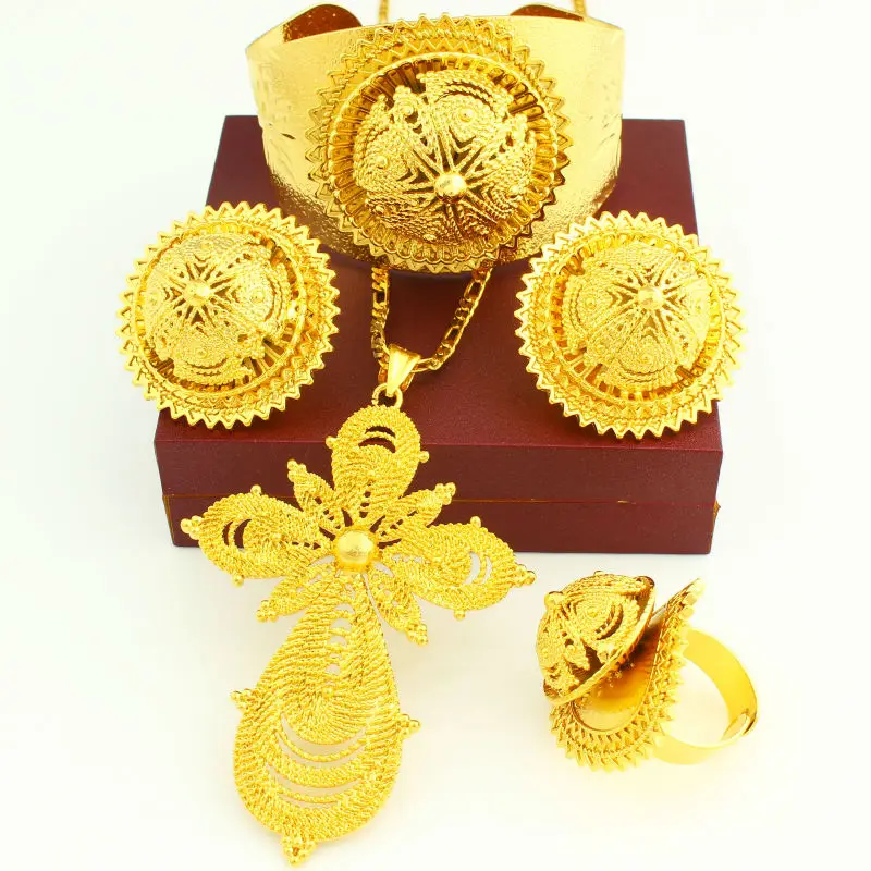 Новый большой комплект ювелирных изделий из эфиопского Креста 24 к золотого цвета