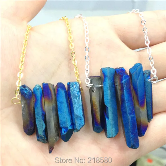 SN 053 Raw Blue Rainbow Aura кварцевое ожерелье с шипами Грубая Druzy стрелка точка Бохо