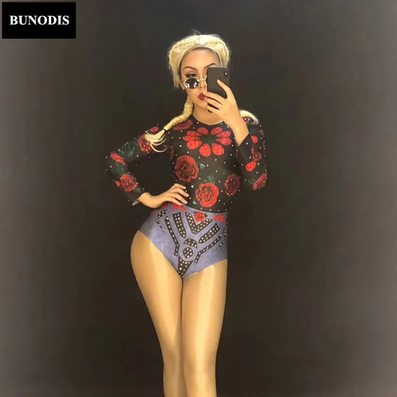 

ZD429 черный женский сексуальный боди с красными цветами и сверкающими кристаллами для ночного клуба, вечеринки, сцены, певицы, танцовщицы, шикарные костюмы