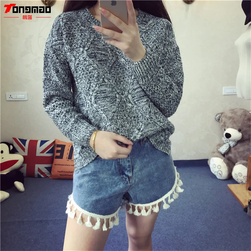 2016 Autumn and Winter Sweater Solid Color Casual Argyle O-Neck Long Sleeve Pullover Loose Elastic Fashion Knitted Sweaters | Женская