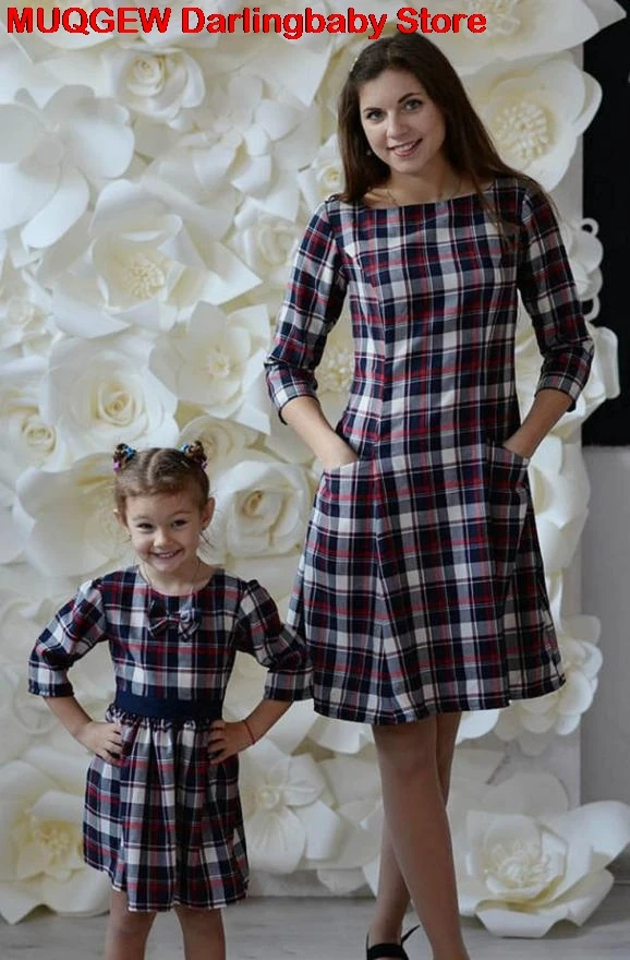 Платья для мамы и дочки матери Одежда мода плед Карманы сарафан с длинными