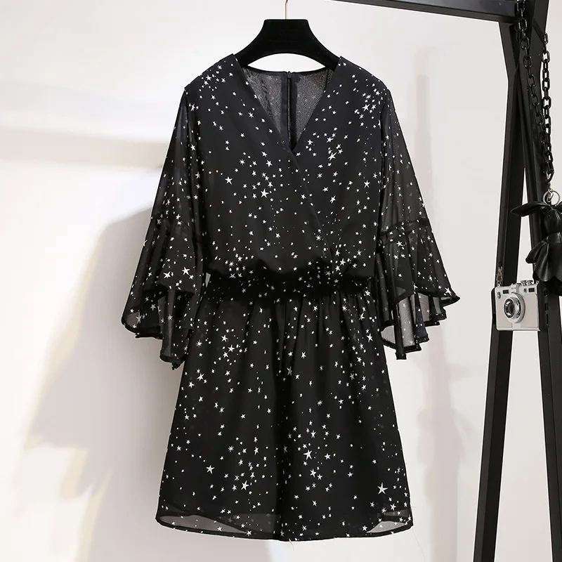 Black 4XL 5XL размера плюс женские короткие комбинезоны с принтом звезды и v-образным вырезом повседневные Комбинезоны с высокой талией широкие брюки шифоновый комбинезон - Цвет: Black