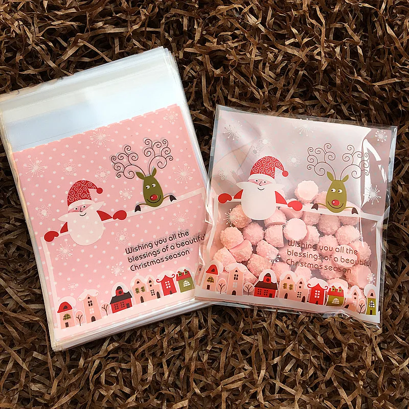 100 шт Розовый Санта Клаус и олень упаковка печенья пластиковые свадебные конфеты
