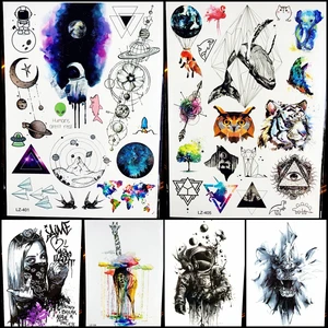 Татуировка Акварельная космонавт, временная татуировка звезда браслет с планетами, водонепроницаемая, поддельная татуировка, рукав, Геометрическая Татуировка HLZ-401