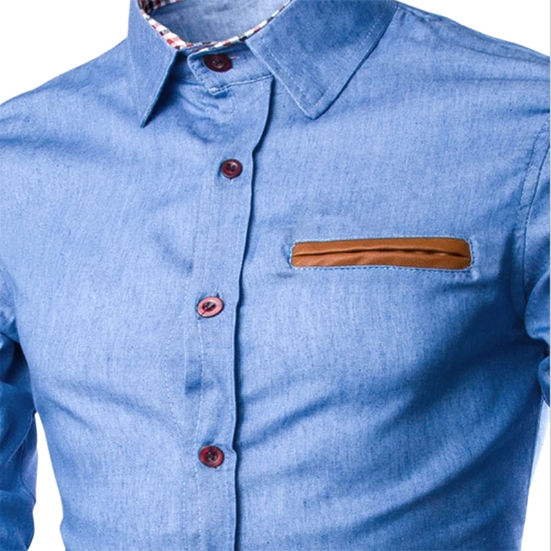 

Vogue Fashion Brand Men Clouse New Shirts Pocket Fight Leather Shirts Long Sleeve Slim Fit Camisa Masculina Casual Male Shirts