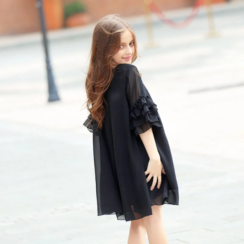Big Size Fashion Girls Dress Summer Flare Sleeve Chiffon Kids Teenager Vestidos Black Girl 6 - 15 years | Детская одежда и обувь