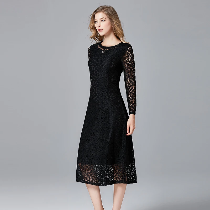 Женское платье с цветочным принтом Черное Кружевное Платье до щиколотки